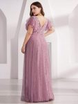 Double V Neck Long Lace Evening Dress with Ruffle Sleeves – Purple Orchid