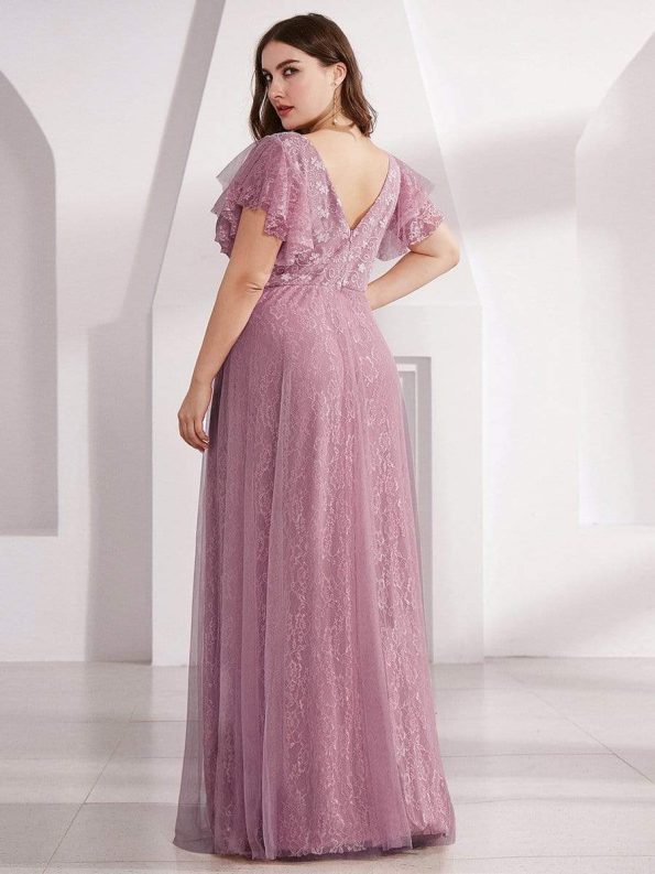 Double V Neck Long Lace Evening Dress with Ruffle Sleeves - Purple Orchid