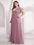 Double V Neck Long Lace Evening Dress with Ruffle Sleeves – Purple Orchid