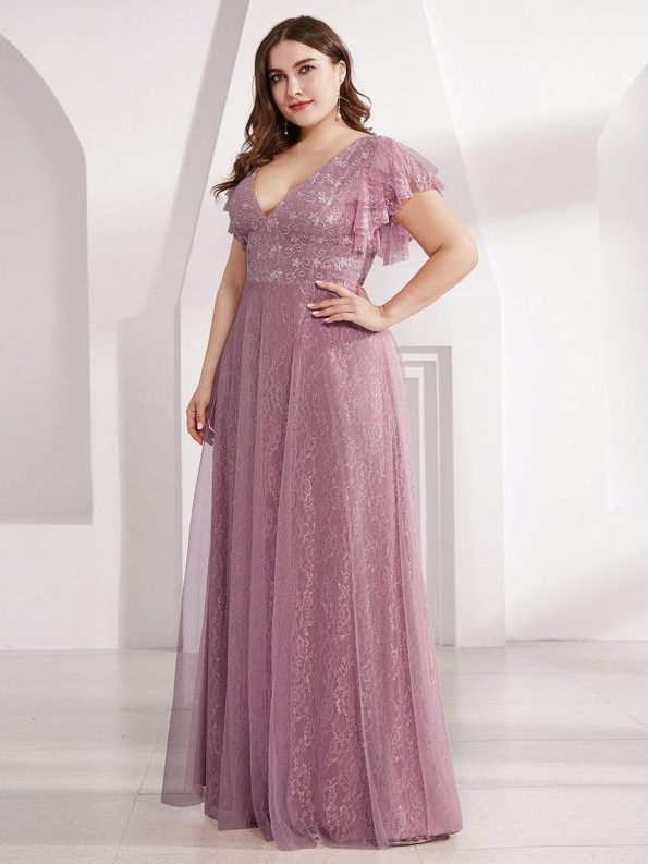 Double V Neck Long Lace Evening Dress with Ruffle Sleeves - Purple Orchid