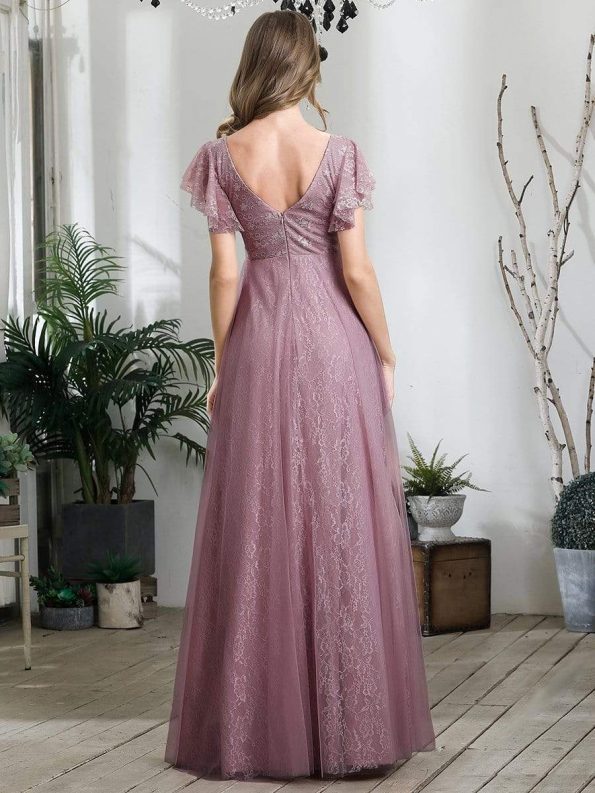 Double V Neck Long Lace Evening Dress with Ruffle Sleeves - Purple Orchid