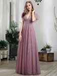 Double V Neck Long Lace Evening Dress with Ruffle Sleeves – Purple Orchid