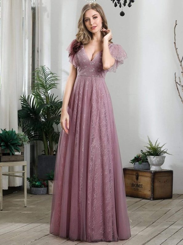 Double V Neck Long Lace Evening Dress with Ruffle Sleeves - Purple Orchid