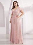 Double V Neck Long Lace Evening Dress with Ruffle Sleeves – Pink