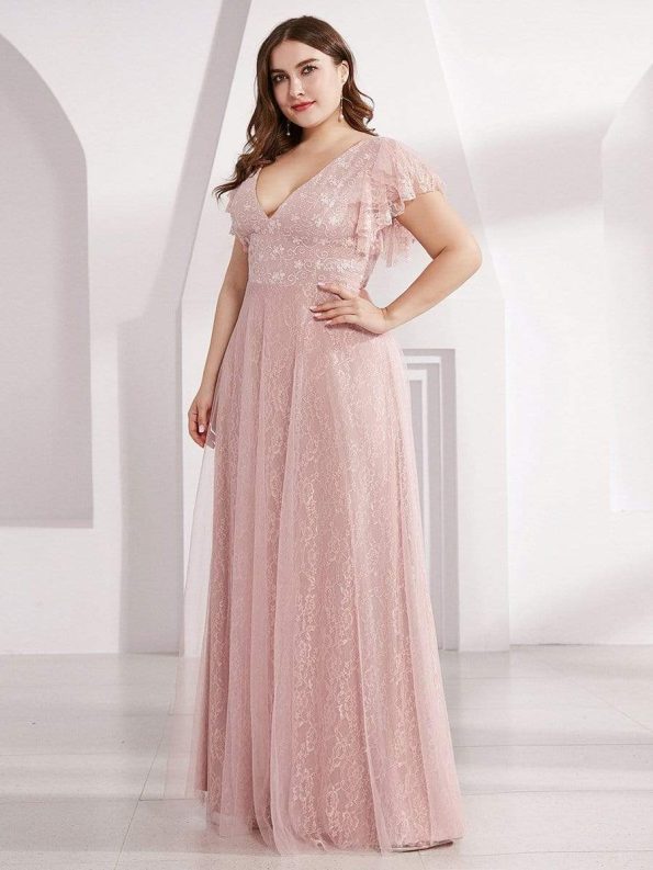 Double V Neck Long Lace Evening Dress with Ruffle Sleeves - Pink