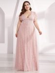 Double V Neck Long Lace Evening Dress with Ruffle Sleeves – Pink