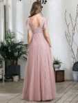 Double V Neck Long Lace Evening Dress with Ruffle Sleeves – Pink