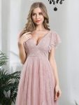 Double V Neck Long Lace Evening Dress with Ruffle Sleeves – Pink