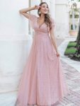 Double V Neck Long Lace Evening Dress with Ruffle Sleeves - Pink