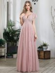 Double V Neck Long Lace Evening Dress with Ruffle Sleeves – Pink