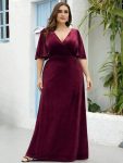 Elegant Double V Neck Velvet Party Dress with Sleeves – Burgundy