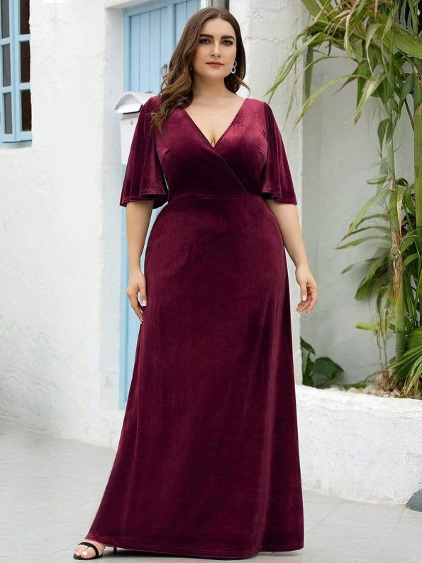 Elegant Double V Neck Velvet Party Dress with Sleeves - Burgundy