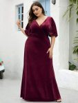 Elegant Double V Neck Velvet Party Dress with Sleeves – Burgundy