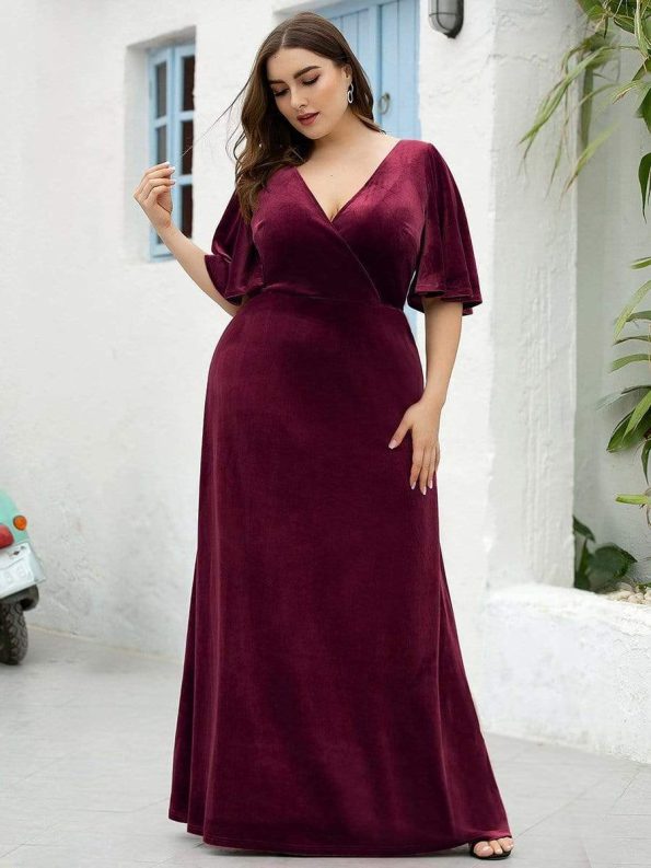 Elegant Double V Neck Velvet Party Dress with Sleeves - Burgundy