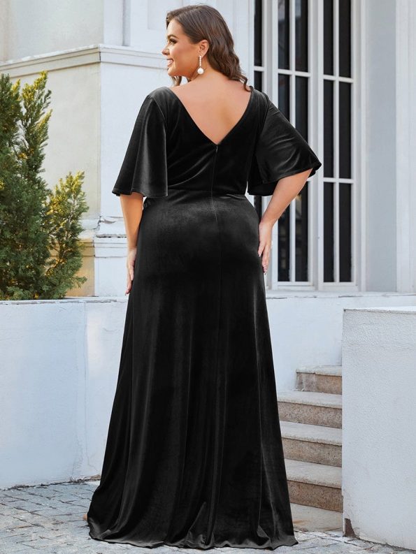 Elegant Double V Neck Velvet Party Dress with Sleeves - Black