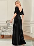 Elegant Double V Neck Velvet Party Dress with Sleeves – Black
