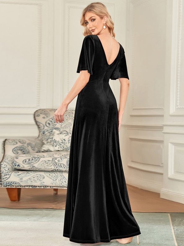 Elegant Double V Neck Velvet Party Dress with Sleeves - Black
