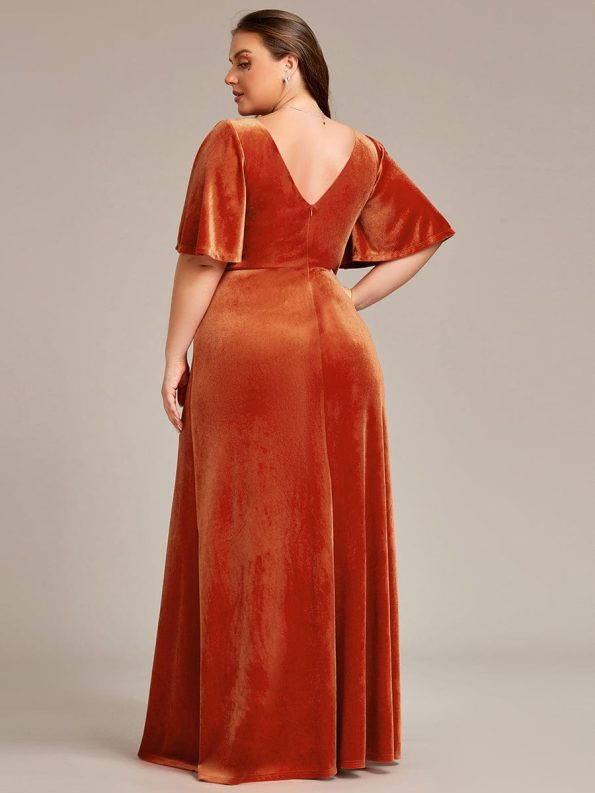 Elegant Double V Neck Velvet Party Dress with Sleeves - Burnt Orange