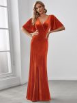 Elegant Double V Neck Velvet Party Dress with Sleeves – Burnt Orange