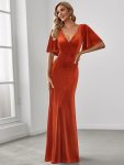 Elegant Double V Neck Velvet Party Dress with Sleeves – Burnt Orange