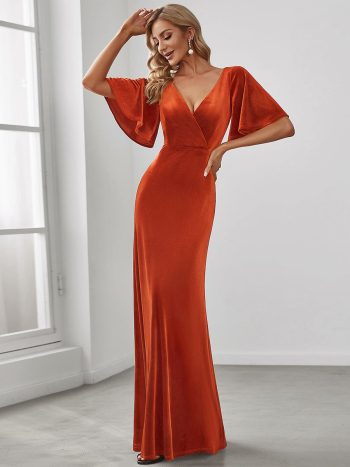 Elegant Double V Neck Velvet Party Dress with Sleeves - Burnt Orange