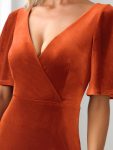 Elegant Double V Neck Velvet Party Dress with Sleeves – Burnt Orange