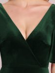 Elegant Double V Neck Velvet Party Dress with Sleeves – Dark Green