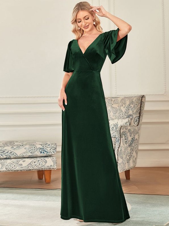 Elegant Double V Neck Velvet Party Dress with Sleeves - Dark Green