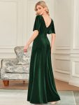 Elegant Double V Neck Velvet Party Dress with Sleeves – Dark Green