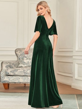 Elegant Double V Neck Velvet Party Dress with Sleeves - Dark Green