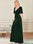 Elegant Double V Neck Velvet Party Dress with Sleeves – Dark Green