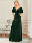 Elegant Double V Neck Velvet Party Dress with Sleeves – Dark Green