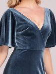 Elegant Double V Neck Velvet Party Dress with Sleeves – Dusty Navy