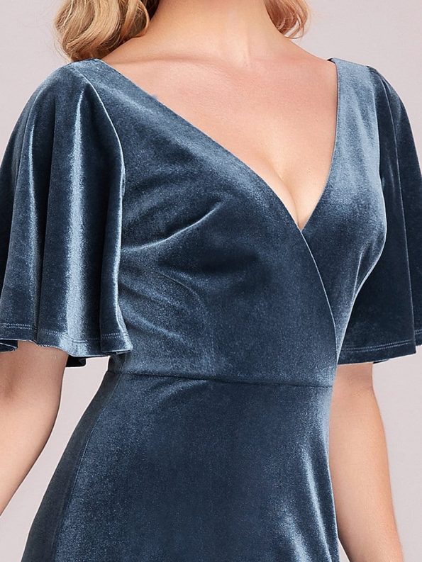 Elegant Double V Neck Velvet Party Dress with Sleeves - Dusty Navy