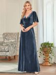 Elegant Double V Neck Velvet Party Dress with Sleeves – Dusty Navy