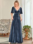 Elegant Double V Neck Velvet Party Dress with Sleeves – Dusty Navy