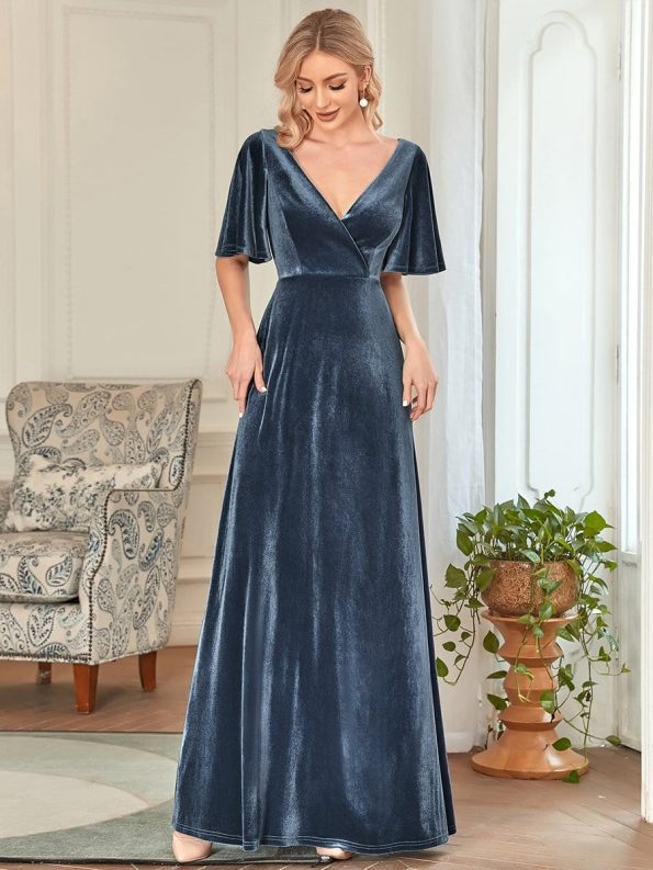 Elegant Double V Neck Velvet Party Dress with Sleeves - Dusty Navy