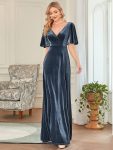 Elegant Double V Neck Velvet Party Dress with Sleeves – Dusty Navy