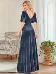 Elegant Double V Neck Velvet Party Dress with Sleeves – Dusty Navy