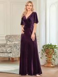 Elegant Double V Neck Velvet Party Dress with Sleeves – Dark Purple