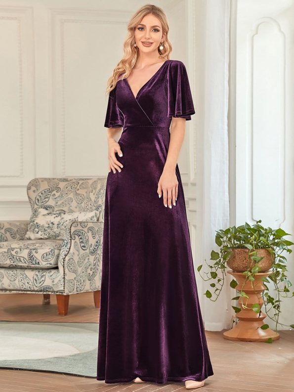 Elegant Double V Neck Velvet Party Dress with Sleeves - Dark Purple