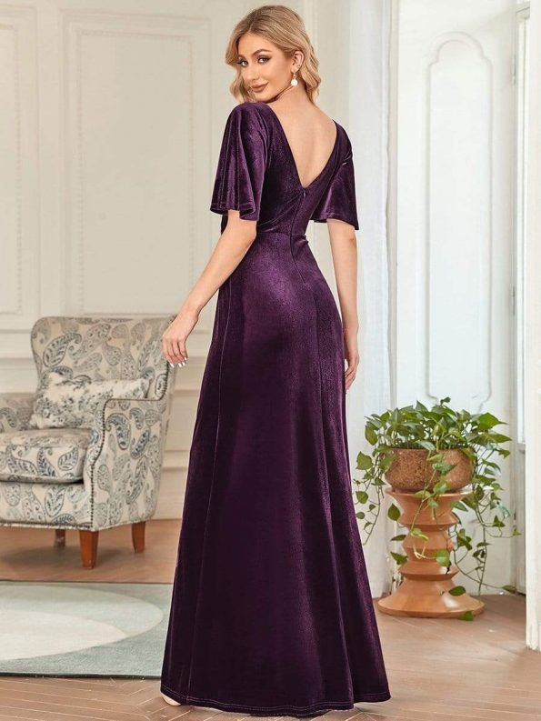 Elegant Double V Neck Velvet Party Dress with Sleeves - Dark Purple