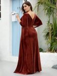 Elegant Double V Neck Velvet Party Dress with Sleeves – Brick Red