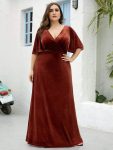 Elegant Double V Neck Velvet Party Dress with Sleeves – Brick Red