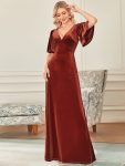 Elegant Double V Neck Velvet Party Dress with Sleeves – Brick Red