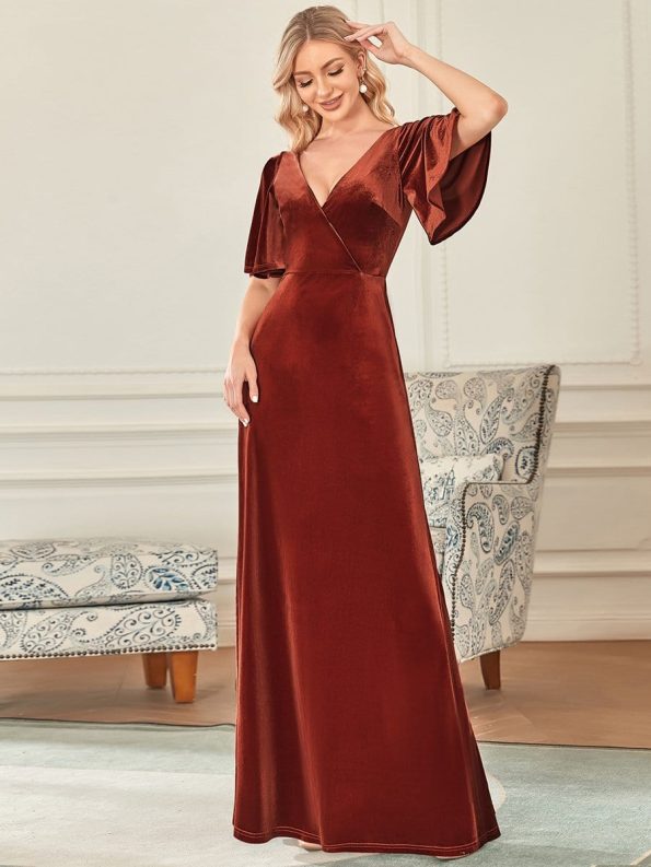 Elegant Double V Neck Velvet Party Dress with Sleeves - Brick Red