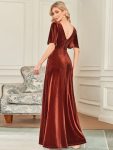 Elegant Double V Neck Velvet Party Dress with Sleeves – Brick Red