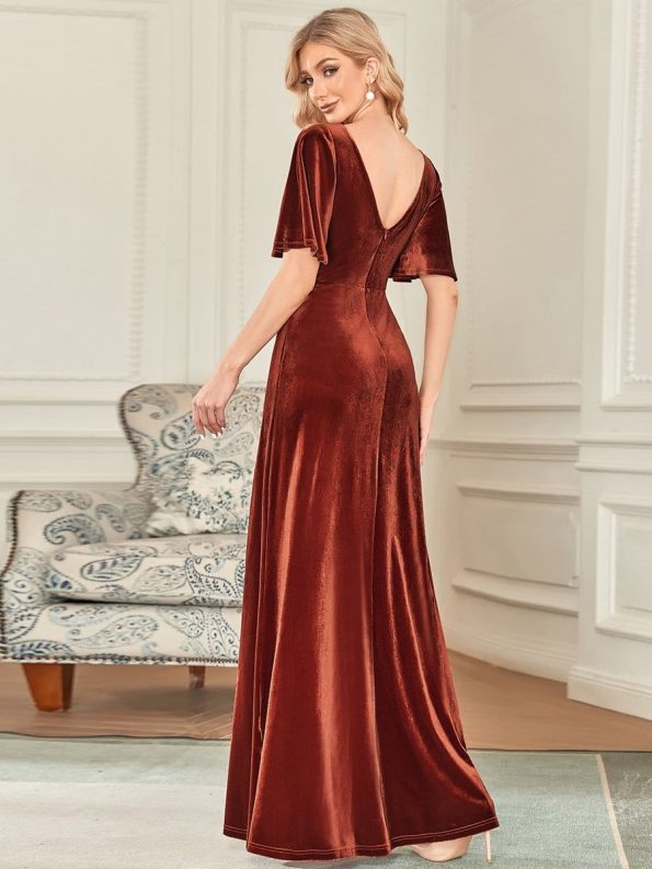 Elegant Double V Neck Velvet Party Dress with Sleeves - Brick Red