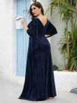 Elegant Double V Neck Velvet Party Dress with Sleeves – Navy Blue