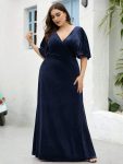 Elegant Double V Neck Velvet Party Dress with Sleeves – Navy Blue